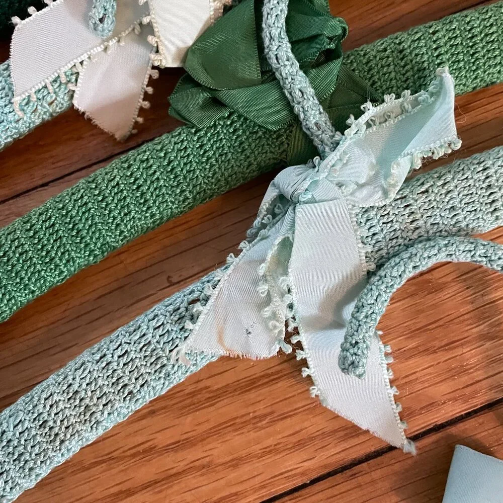 8 Green Vintage Crochet Coat Hangers-Crochet Wooden Coat Hangers-70+